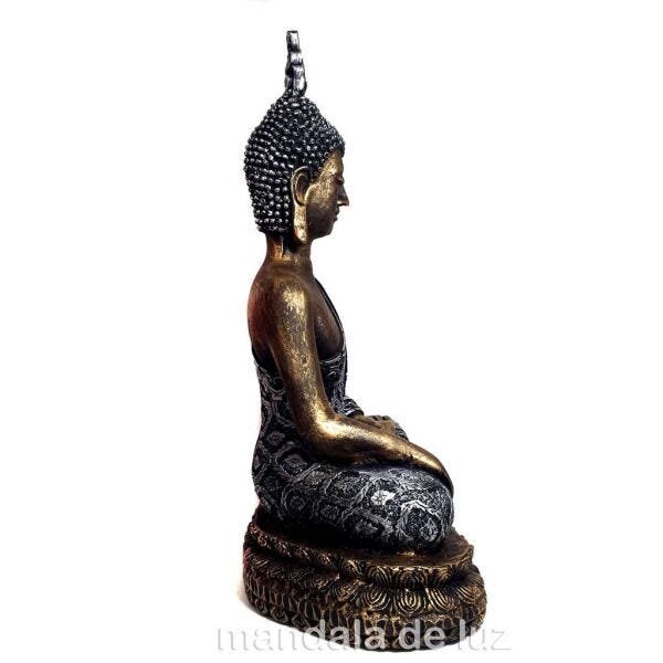 Estátua de Buda Grande Dourado e Prateado Resina 32cm - 4