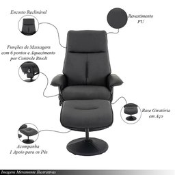 Kit 2 Poltronas de Massagem Reclinável e Giratória Detroit com Apoio de Pés Pu Preto G56 - Laura - 6