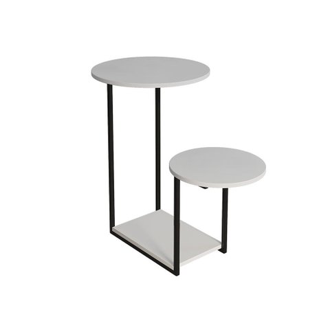 Mesa de Apoio Lateral Ferro Preto Tampo Redondo Branca