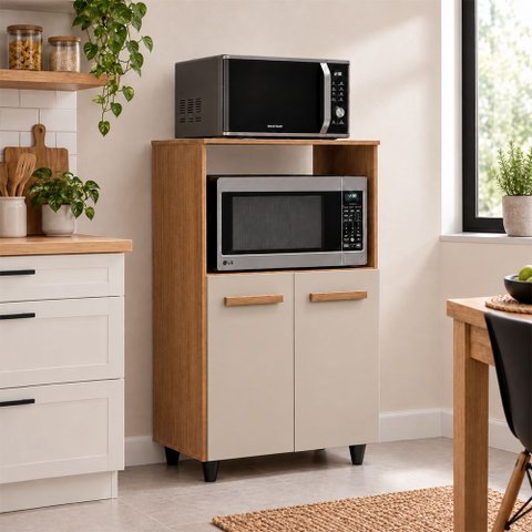 Armário Balcão Multiuso para Cozinha Micro-Ondas e Forno Tais 02 Portas Savana Off White Moblis