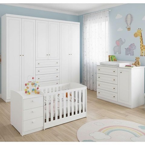 Quarto Americano 6 Portas com Berço Multifuncional Atlanta Ambiente Branco Fosco Henn - Reller