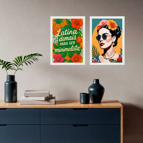 Kit 2 Quadros Decorativos Frida Latina 33x24cm - com Vidro:moldura Preta