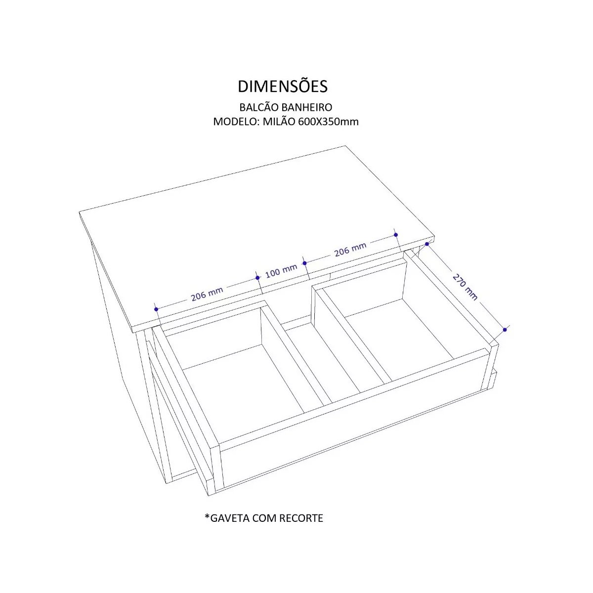 Balcão Banheiro Milão com Tampo e Cuba - Mdf Branco 60cm - 6