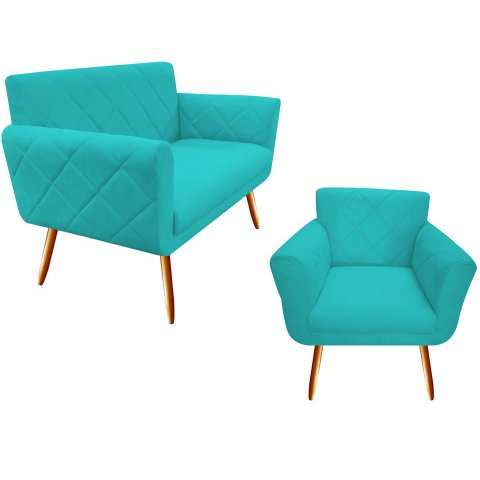 Kit Namoradeira + 1 Poltrona Decorativa Sabrina Suede Azul Tifany Pés Madeira Mz Decor