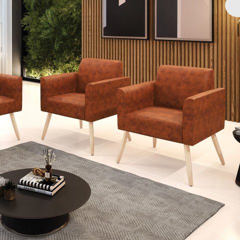 Poltrona Sala Decorativa Kit 2 Marisa Pé Palito Natural Sintético Pu D03 - D’Rossi