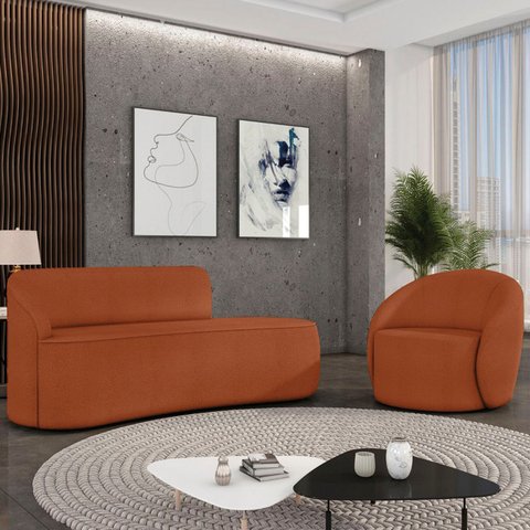 Sofá 2 Lugares 140cm Wendi e Poltrona Steve Boucle Terracota I01 - Mpozenato