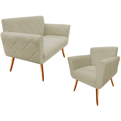 Kit Namoradeira + 1 Poltrona Decorativa Sabrina Couro Bege Pés Madeira Ms Decor