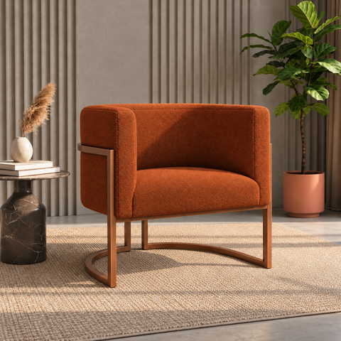 Poltrona Decorativa Luna Bouclé Premium para Sala Escritório Recepção Base Circular em Ferro Madeira