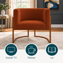 Ver imagem 3 de Poltrona Decorativa Luna Bouclé Premium para Sala Escritório Recepção Base Circular em Ferro Madeira