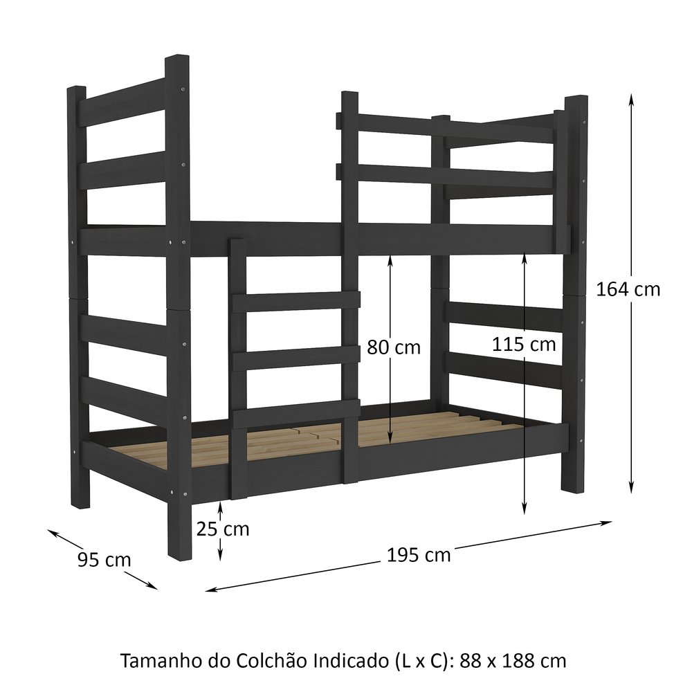 Beliche Madeira Maciça - Vira 2 Camas - para Colchão 78/88 X 188cm Dubai Multimóveis Cr4137 - 3