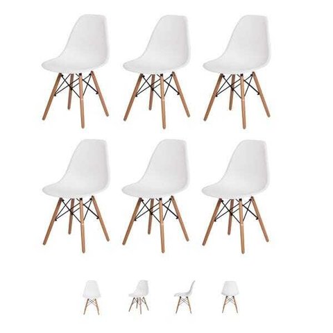 Kit 6 Cadeiras Eiffel Eames Dsw Branco Base Madeira
