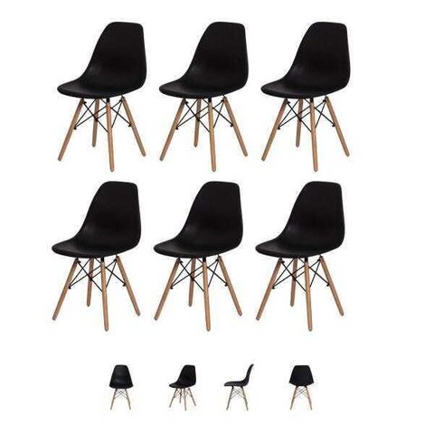 Kit 6 Cadeiras Eiffel Eames Dsw Preta Base Madeira