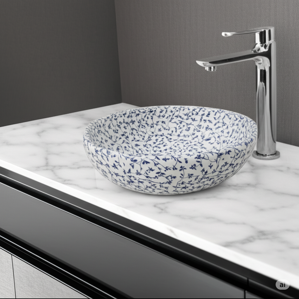 Cuba de Apoio Banheiro Lavabo Decorada Branca Azul 41x16cm - 2