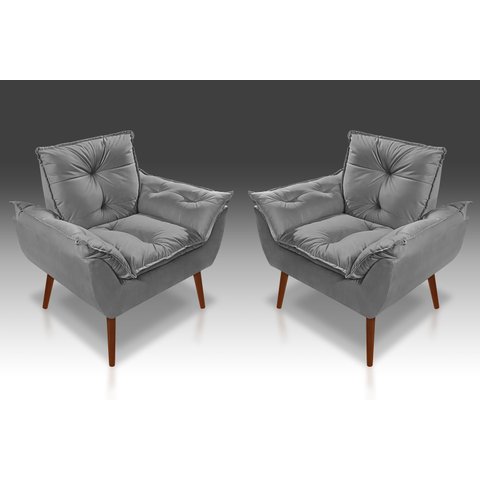 Kit 02 Poltrona Decorativa Opala Suede Cinza Claro - Pandora Decor