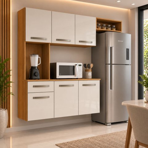 Cozinha Suspensa Belíssima MDP Armário Aéreo Gaveta Nichos Design Moderno:Freijo/Off White