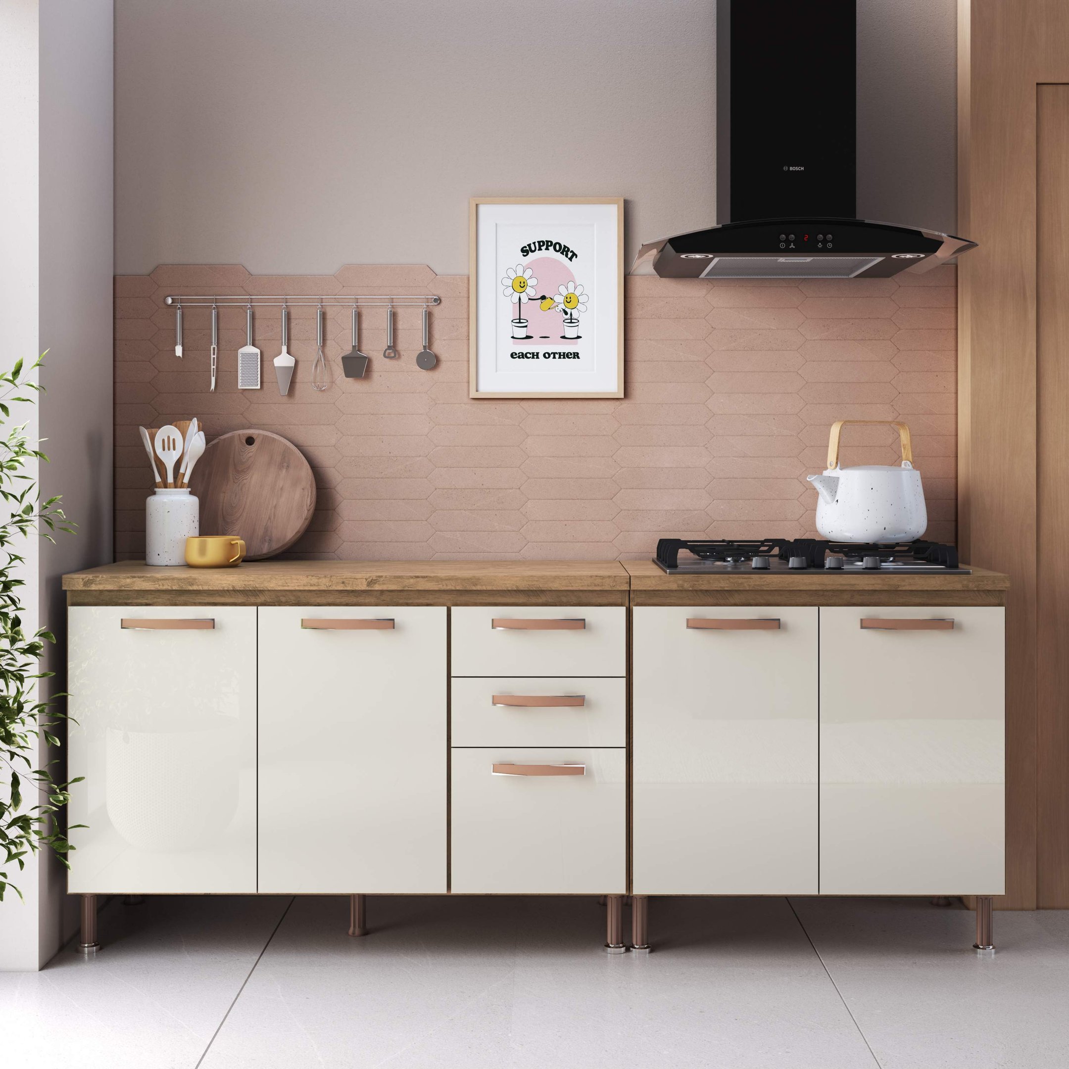 Kit 2 Balcões Modulados Gabinete Pia 120cm e Cooktop 80cm com Tampo ...