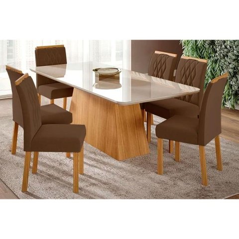 Sala de Jantar Completa Helena C- Tampo Madeirado C- Vidro 210x100cm e 6 Cadeiras Juliana Madeirado-