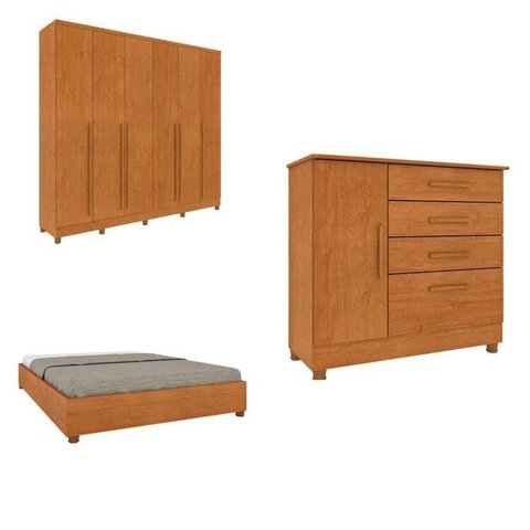 Conjunto Guarda Roupa Casal com Puxador MDF Portugal com Pés, Cama Casal Monaco e Cômoda Chicago Beg
