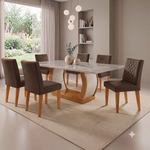 Conjunto Sala de Jantar Mesa Luanda Tampo de Vidro Canto Reto 6 Cadeiras Luanda Yescasa