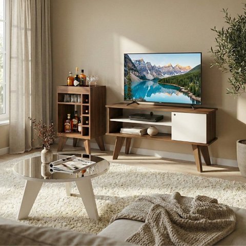Sala de Estar Frank - Rack Tv 50'' - Mesa Centro - Mini Bar/adega Pinho / Off White