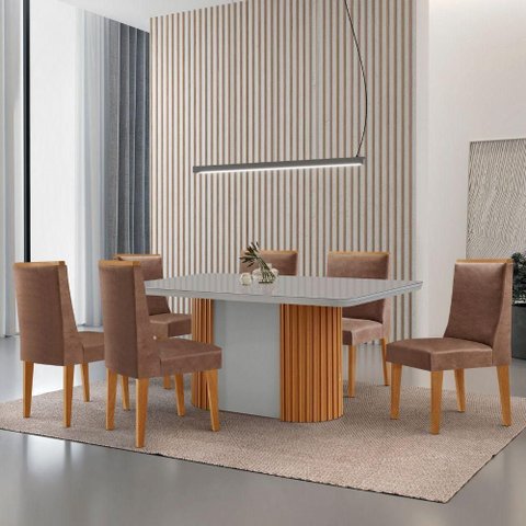 Mesa de Jantar Aspen 180cm Tampo Mdf e Vidro 6 Cadeiras Lisboa Tork /nat/off/serig. Off