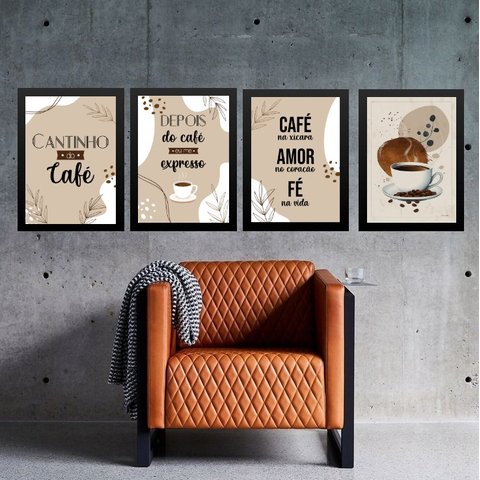 Kit 4 Quadros para Cantinho do Café 33x24cm:moldura Preta