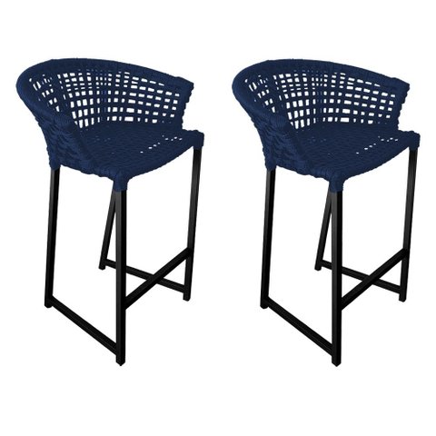 Kit 2 Banquetas Reis em Corda Náutica e Base em Alumínio Preta para Área Gourmet Azul Marinho