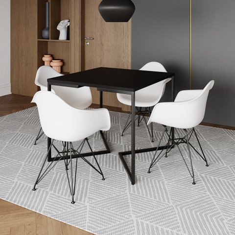 Mesa Industrial Jantar Quadrada Preta 90cm Base V com 4 Poltronas Brancas Eames Eiffel Ferro Preto