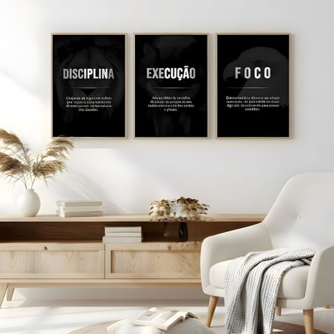 Kit 3 Quadros Motivacionais Preto e Branco com Moldura:castanho