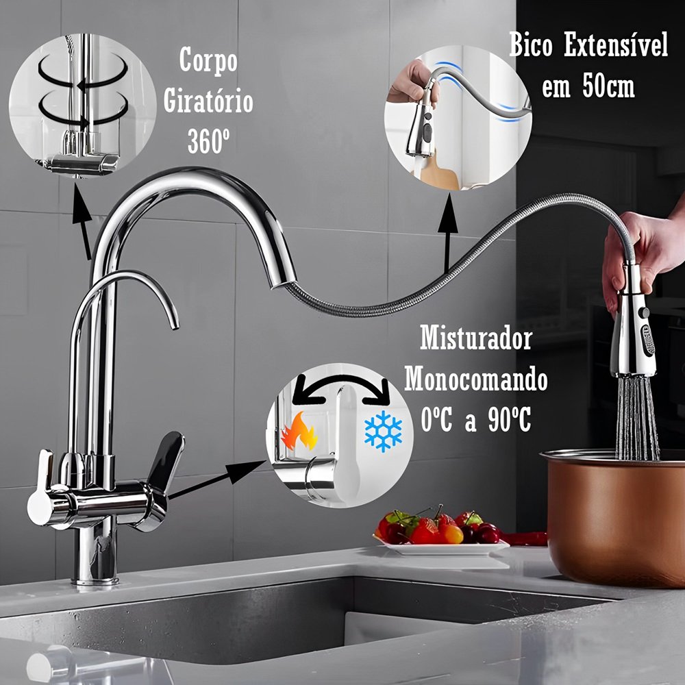 Torneira de Cozinha Gourmet Suporte de Filtro Extensível Misturador Monocomando Água Quente e Fria - 3