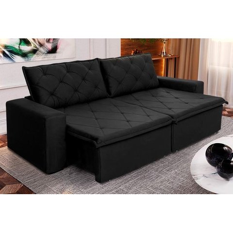Sofá Cama Retrátil Reclinável 2,70m Bangkok Suede Velut Preto Molas no Assento - King House