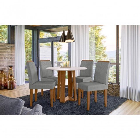 Sala de Jantar Mesa Redonda Isabela 1,00x1,00 Mts e 4 Cadeiras Ype/off White Linho Cinza New Ceval