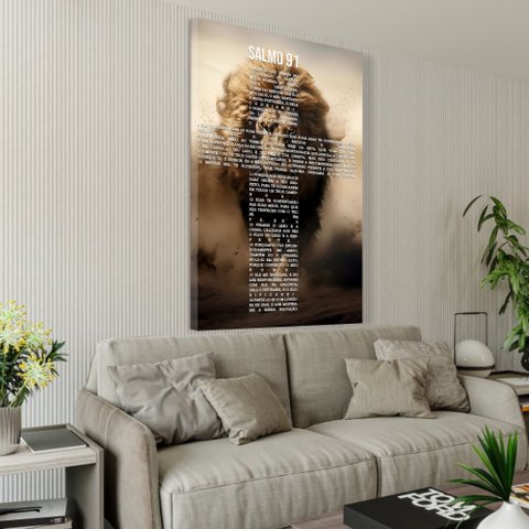 Quadro Decorativo Salmo 91 Leão Correndo no Deserto Sala Quarto Casa Escritório