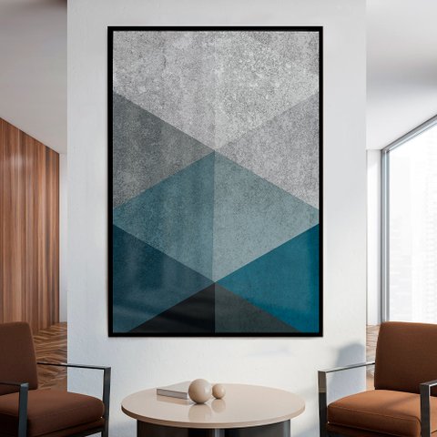 Quadro Decorativo Geométrico Triângulos Inverse  em Moldura Caixa Tacolado Moldura Trad 1cm Branca C