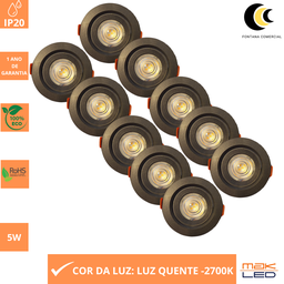 Kit 10  Luminária Spot Led Superslim 5w 2700k Redondo Preto Embutir - 3