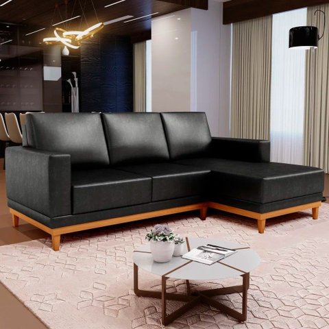 Sofá 3 Lugares 200cm Living com Chaise Direito Sala de Estar Kayrós D05 Sintético Preto - Mpozenato