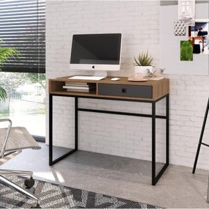 Mesa de Escritório Industrial com 1 Gaveta e 1 Nicho - Mel/Preto/Grafite