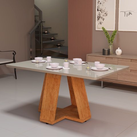 Mesa de Jantar Pérola 6 Lugares Retangular 120x80 Off White Tampo Vidro para Decoração