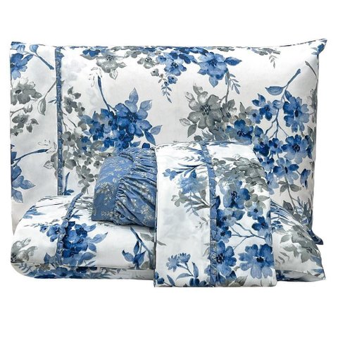 Jogo de Lençol Lislie Queen 4 Peças Micropercal 300 Fios Estampado Floral - Azul Flores - 100%