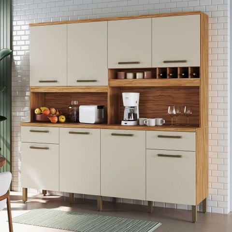 Cozinha Compacta Cabernet Prime 8 Portas 2 Gavetas 100% MDF Amêndoa/Off White - Rio Doce