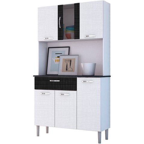 Armário de Cozinha Kits Paraná Kit Pan 6 Portas 1 Gaveta Linho Branco/preto