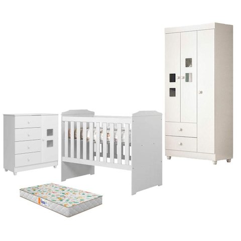 Quarto de Bebê Life com Berço Americano Carinho Branco Acetinado Colchão Americano Gazin - Tigus