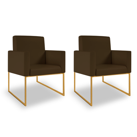 Kit 02 Poltronas Clínica Courino 3 Cores- Base Ferro Dourado - Marrom