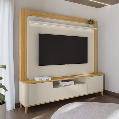 Estante para Tv até 70 Polegadas Jena 3 Portas com Led Tauari/off White Fosco - Pnr Móveis
