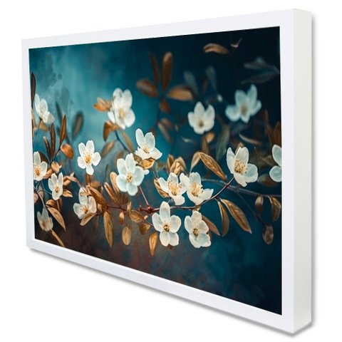 Quadro Decorativo Caixa Floral Luxo Galhos de Cerejeira TaColado Moldura Caixa 3cm Branca com Vidro 