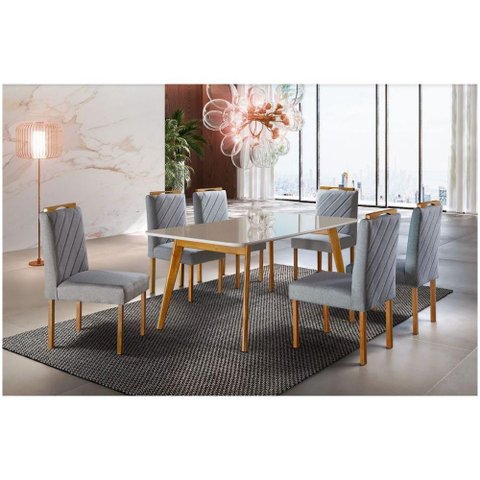 Conjunto Sala De Jantar 6 Lugares Mesa Slim Cadeiras Cinza