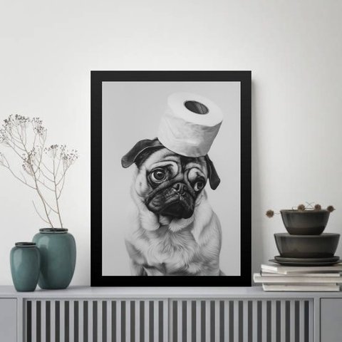 Quadro para Banheiro Pug - Papel Higiênico 24x18cm - com Vidro:moldura Branca
