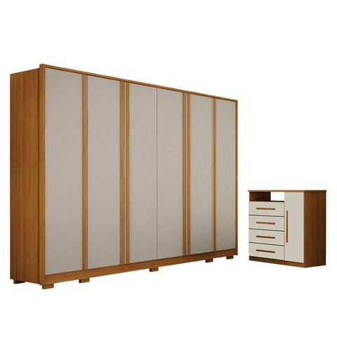Guarda Roupa Casal Ares 6 Portas Cinamomo Off-white com Cômoda Diamante 4 Gavetas 1 Porta Cinamomo o