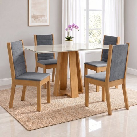 Conjunto Sala de Jantar Mesa Lisa 120cm Tampo MDF Vidro Canto Reto 4 Cadeiras Evelin