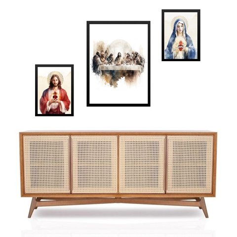 Set 3 Quadros Sacros Minimalistas Católicos - com Vidro: Moldura Branca